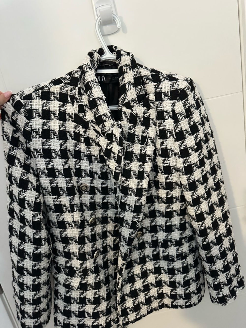 Zara Black & White Houndstooth Tweed Double-Breasted Blazer